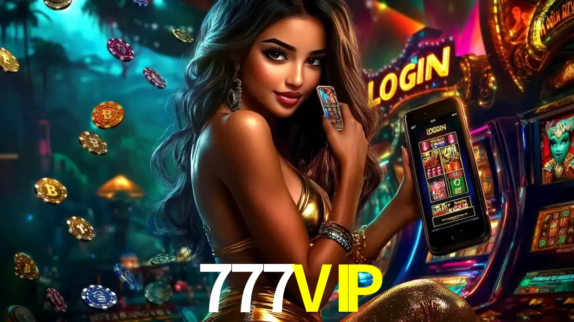 Mulher em um cenário de cassino temático de aventura, mostrando o app de caça-níqueis da 777VIP no celular. Fichas de apostas flutuam ao redor.