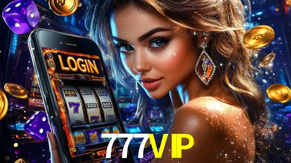 Mulher glamorosa segurando um smartphone com a tela de login para os jogos de caça-níqueis do cassino online 777VIP, com moedas de ouro e dados ao redor.
