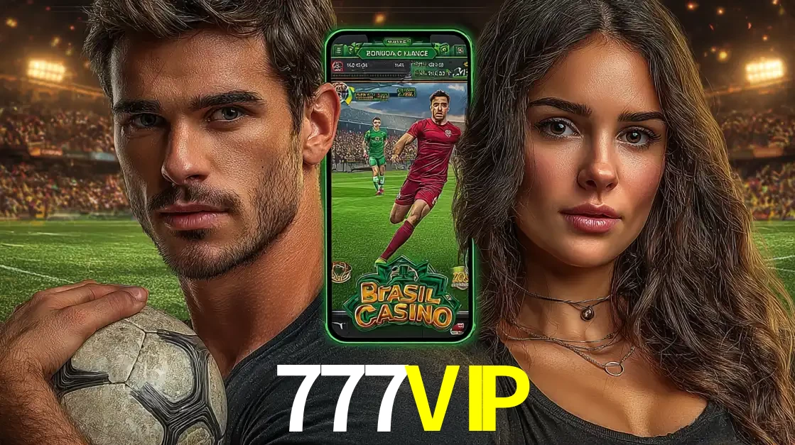 Homem segurando uma bola de futebol e uma mulher ao lado de um smartphone exibindo o jogo de apostas esportivas da 777VIP. Faça seu palpite no cassino online.